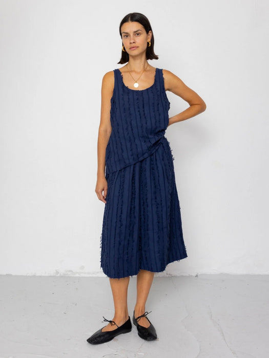 Folk Women Pleated Scoop Back Vest in Dark Navy Cutwork