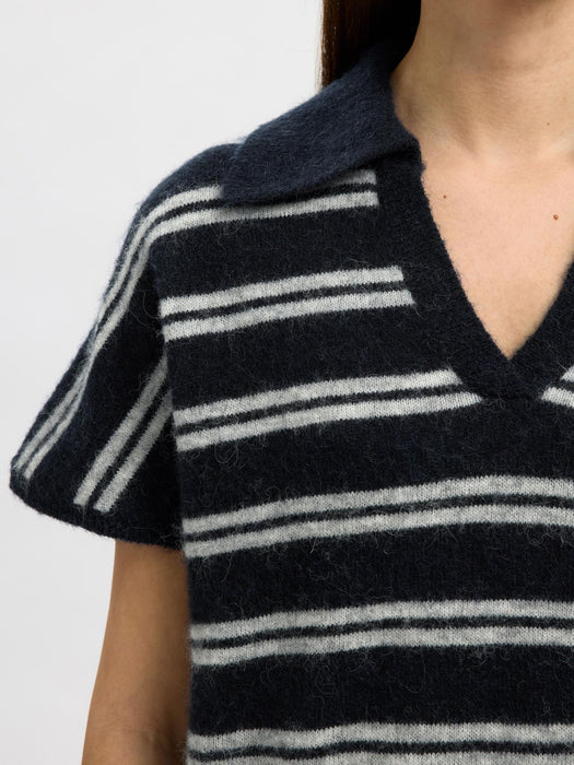 Selected Femme Lulu Knitted Polo in Dark Sapphire / Light Grey