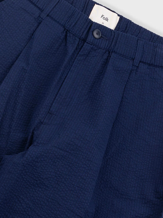 Folk Men Elasticated Wide Short in Navy Crinkle Stripe