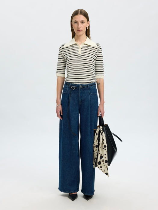 Selected Femme Thea Merino Collar Top in Snow White / Black