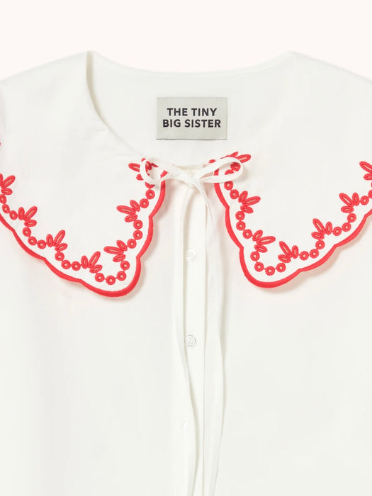The Tiny Big Sister Embroidered Neck Shirt in Off-White