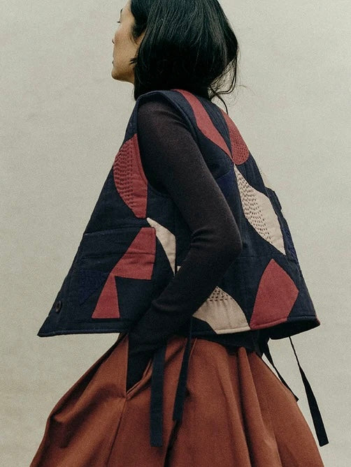 Toast Women Migration Patchwork Waistcoat in Slate/Brick