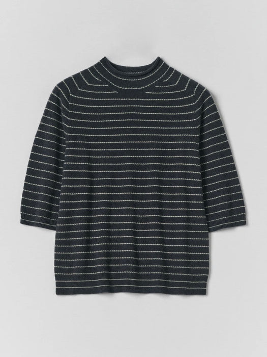 Toast Women Wool Cashmere Half Sleeve Sweater in Navy/Camel Fine Stripe