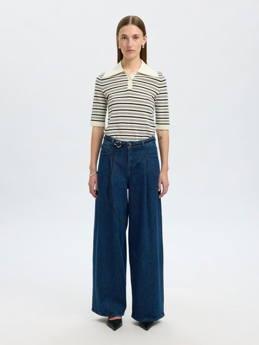 Selected Femme Thea Merino Collar Top in Snow White / Black