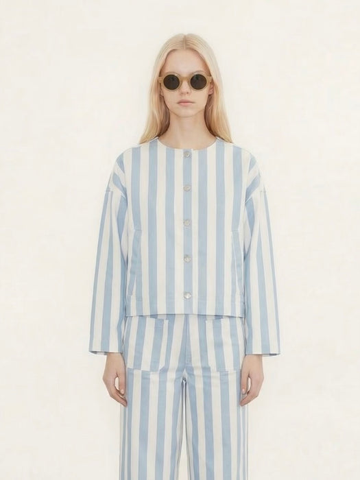 The Tiny Big Sister Striped Cropped Jacket in Pretty Blue