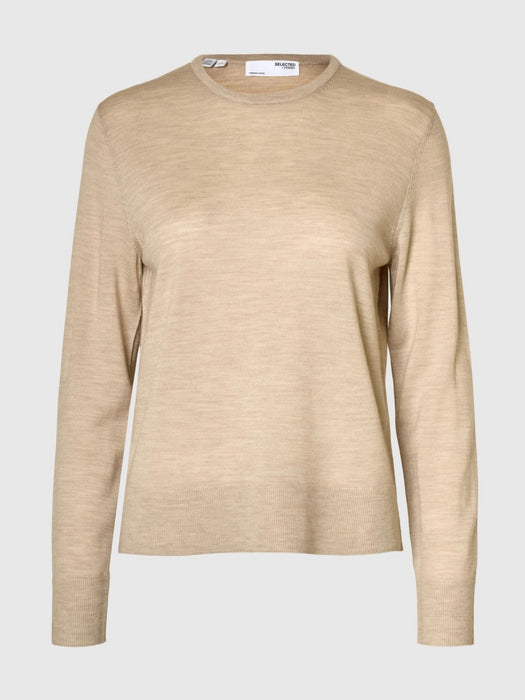 Selected Femme Merino O-Neck Knit in Oatmeal