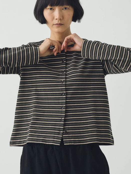 Toast Women Button Through Tee in Charcoal Multi Stripe
