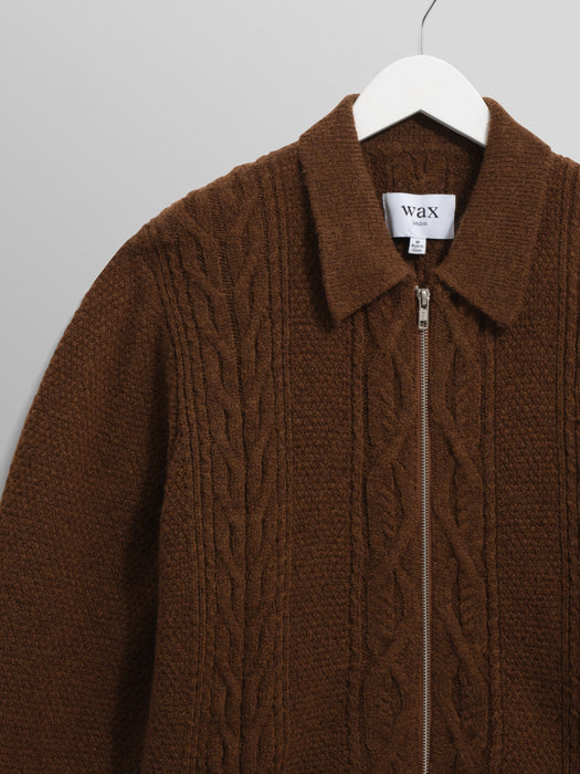 Wax Friar Zip Knit Jacket in Brown Cable