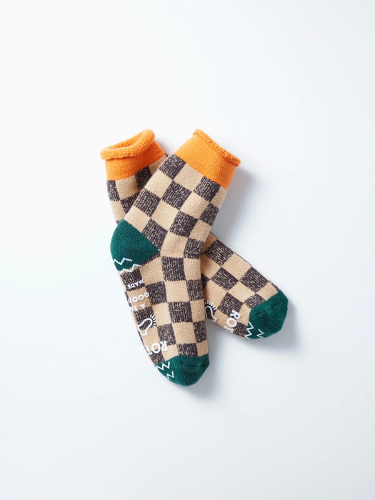 Rototo Pile Room Socks in Light Orange & Dark Green Chequerboard