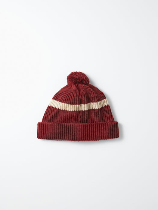 Rototo Stripe Pompom Hat in Maroon