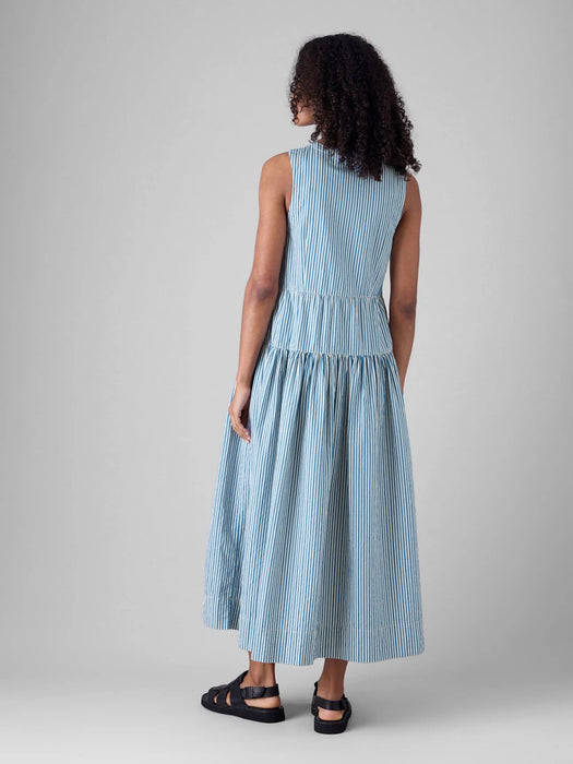 Toast Pleated Candy Stripe Dress in Ocean Blue / Ecru