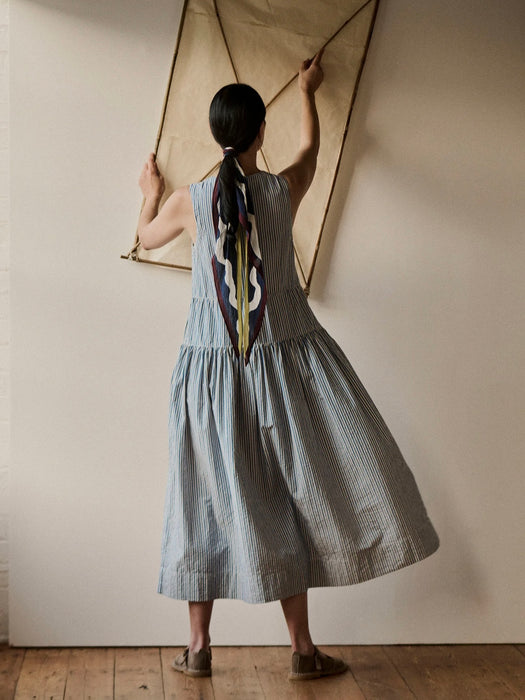 Toast Pleated Candy Stripe Dress in Ocean Blue / Ecru