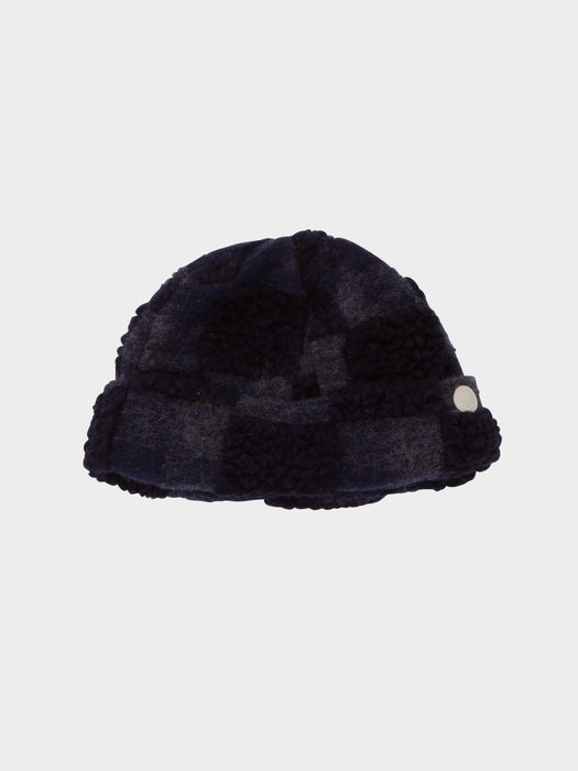 Folk Fleece Beanie in Navy Chequerboard