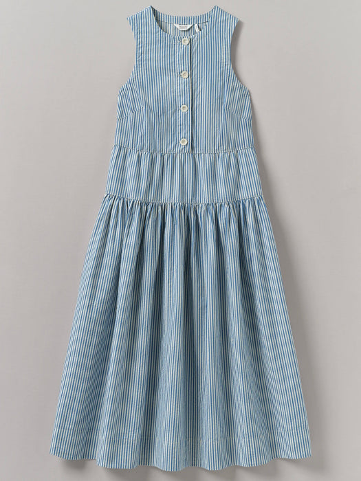 Toast Pleated Candy Stripe Dress in Ocean Blue / Ecru