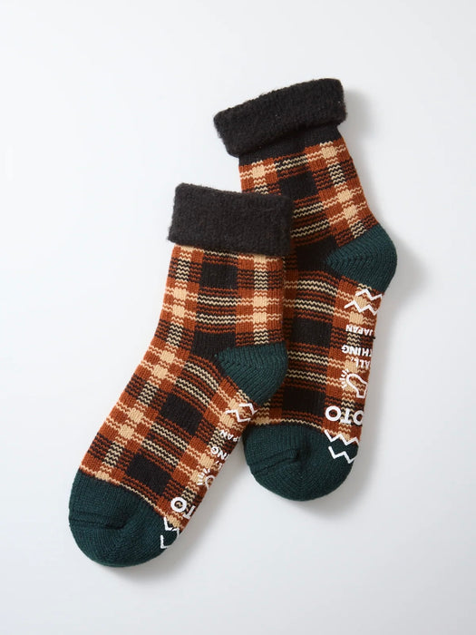 Rototo Check Comfy Room Sock in Black Brown