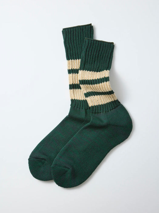 Rototo Old School Triple Stripe Sock in Green / Cream