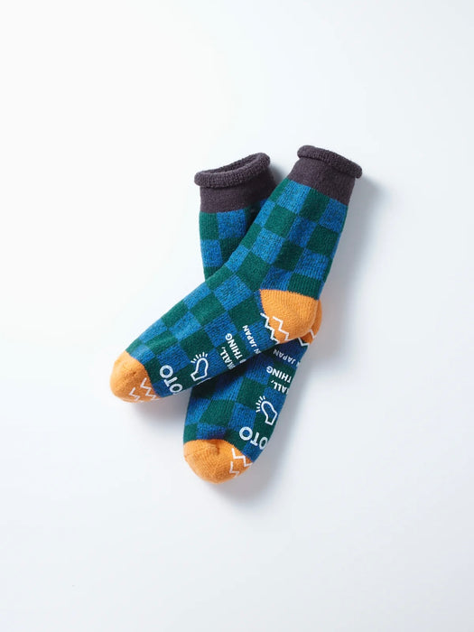 Rototo Pile Room Socks in Charcoal / L.Orange Chequerboard