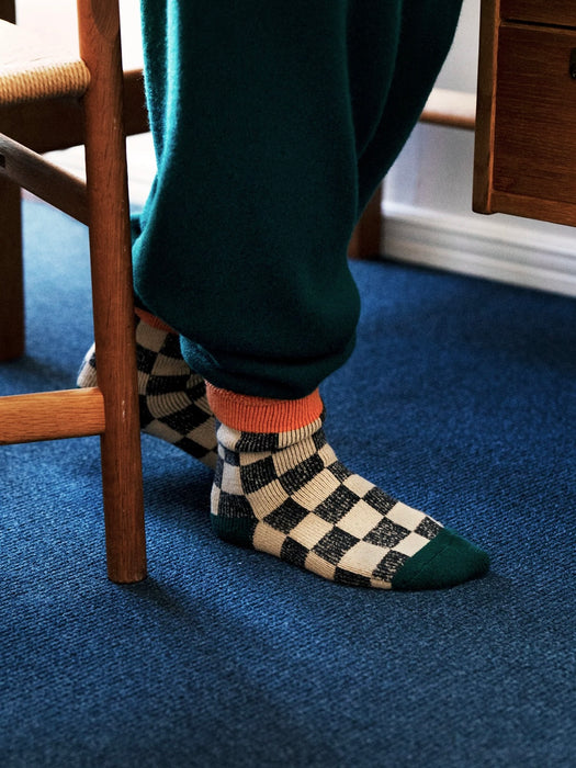 Rototo Pile Room Socks in Light Orange & Dark Green Chequerboard