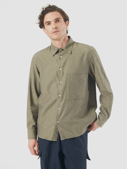 Universal Works Square Pkt Shirt in Olive Twill