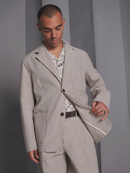 Universal Works Two Button Jacket in Grey Derby Stripe