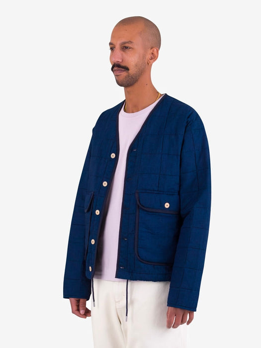 Folk Men Lightweight Liner Jacket in Indigo Microcheck