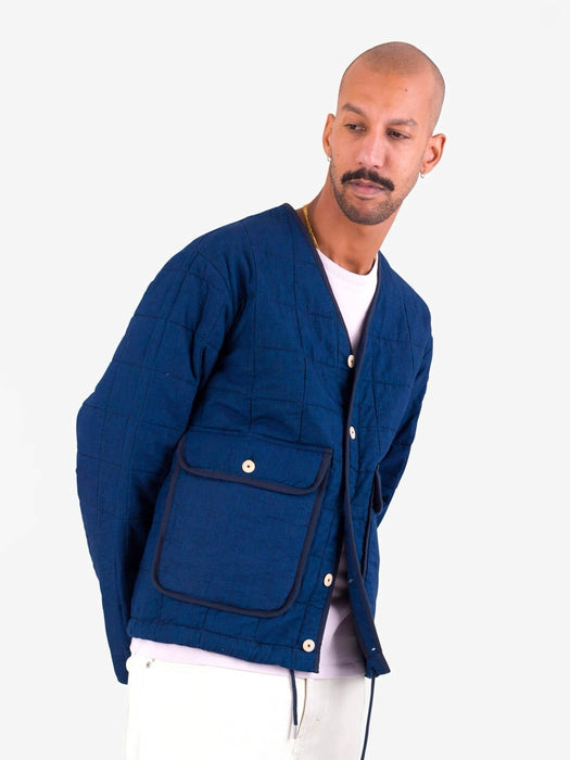 Folk Men Lightweight Liner Jacket in Indigo Microcheck