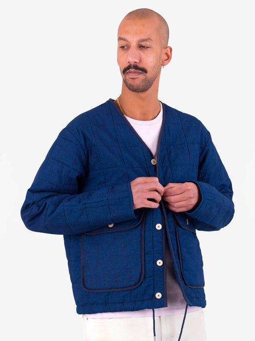 Folk Men Lightweight Liner Jacket in Indigo Microcheck