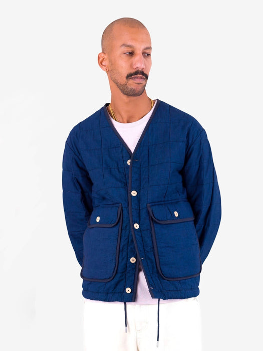 Folk Men Lightweight Liner Jacket in Indigo Microcheck