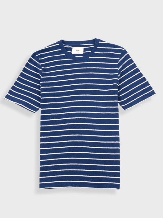 Folk Men Textured Stripe T-shirt in Soft Navy / Ecru