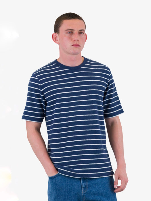 Folk Men Textured Stripe T-shirt in Soft Navy / Ecru