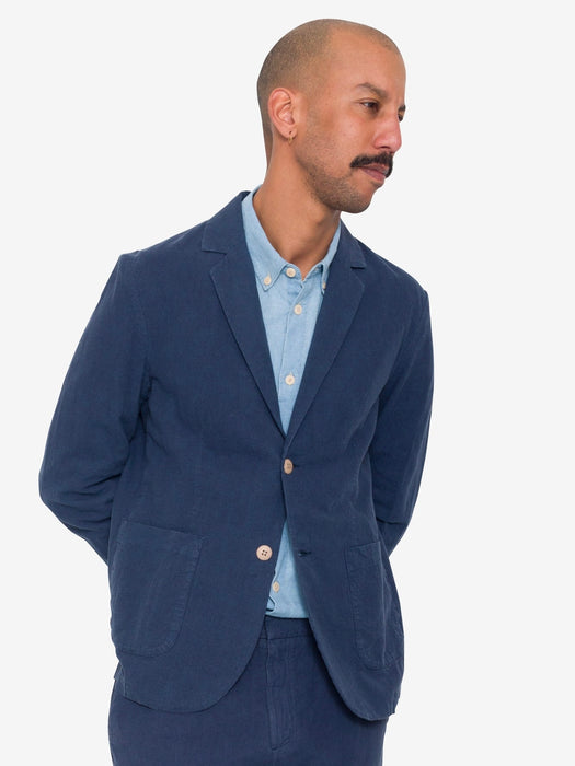 Folk Men Cotton Linen Blazer in Soft Navy