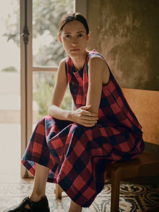 Toast Gingham Check Skirt in Raspberry / Blue