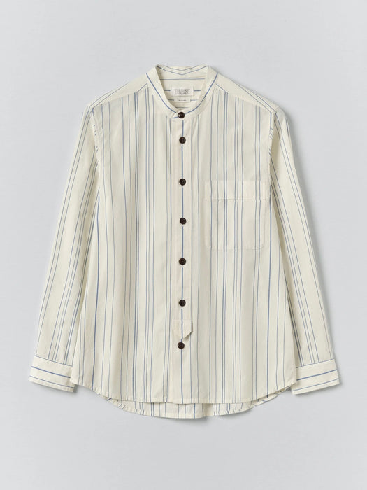 Toast Men Jasper Irregular Stripe Collarless Shirt in Ecru/Cobalt