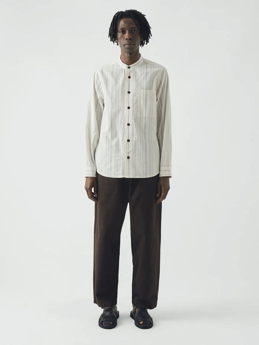 Toast Men Jasper Irregular Stripe Collarless Shirt in Ecru/Cobalt