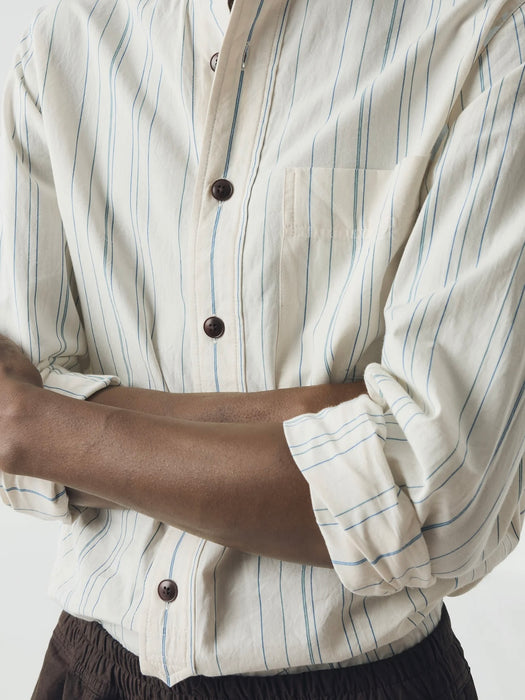 Toast Men Jasper Irregular Stripe Collarless Shirt in Ecru/Cobalt