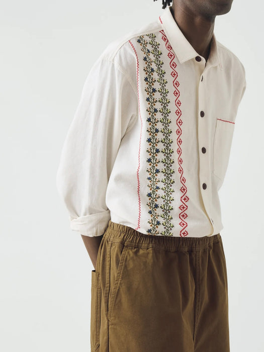 Toast Men Embroidered Cross Stitch Shirt in Ecru