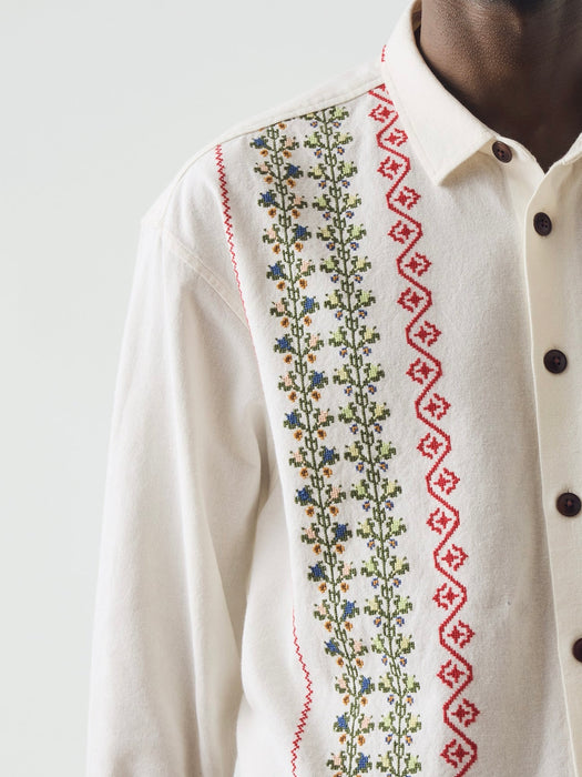 Toast Men Embroidered Cross Stitch Shirt in Ecru