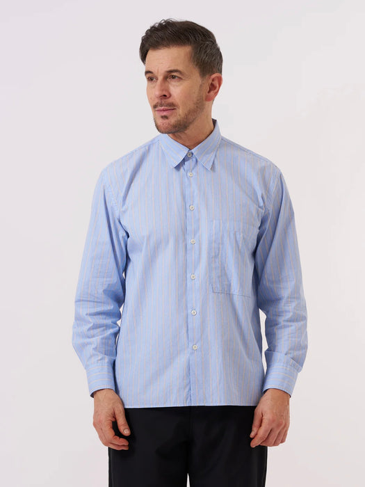 Universal Works Square Pocket Shirt in Blue MC Stripe