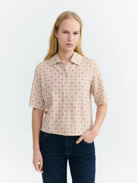 Thinking Mu Ane Blouse in Lattice Red & Ecru