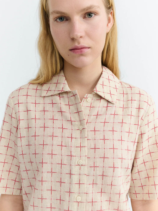 Thinking Mu Ane Blouse in Lattice Red & Ecru