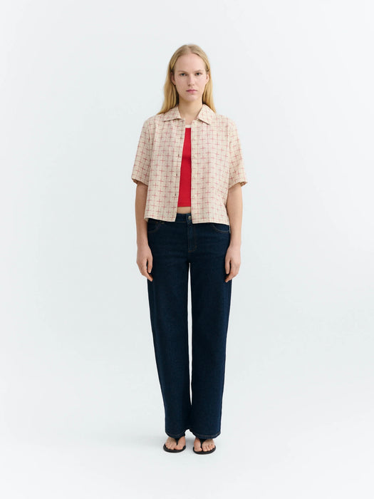 Thinking Mu Ane Blouse in Lattice Red & Ecru