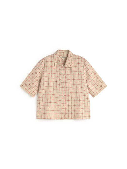 Thinking Mu Ane Blouse in Lattice Red & Ecru