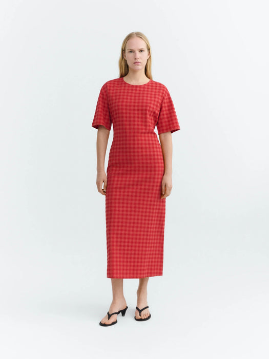 Thinking Mu Kina Dress in Seersucker Red Checks