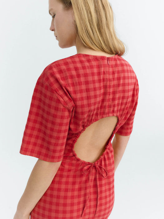 Thinking Mu Kina Dress in Seersucker Red Checks