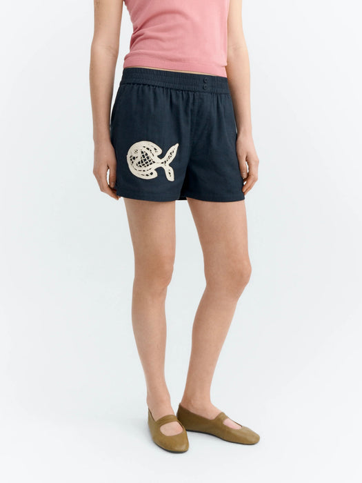 Thinking Mu Geraldine Shorts in Fish Patch Blue
