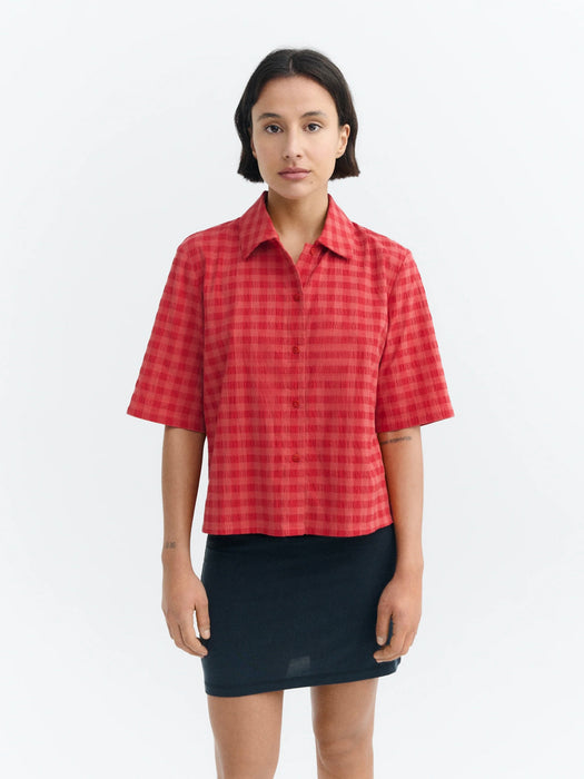 Thinking Mu Ane Blouse in Seersucker Red Check