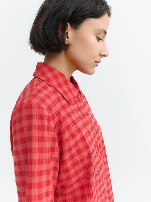 Thinking Mu Ane Blouse in Seersucker Red Check