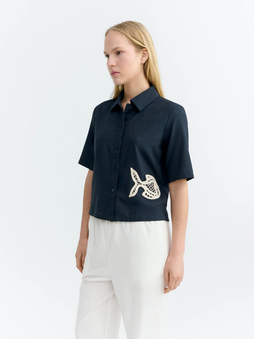 Thinking Mu Ane Blouse in Fish Patch Blue