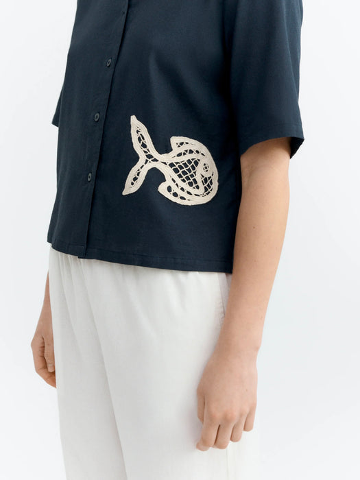 Thinking Mu Ane Blouse in Fish Patch Blue