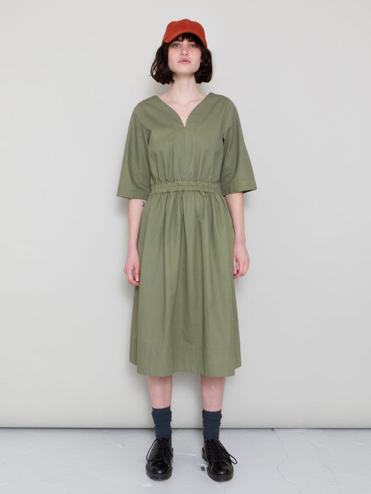 Folk Women Gathered Dress in Olive Twill